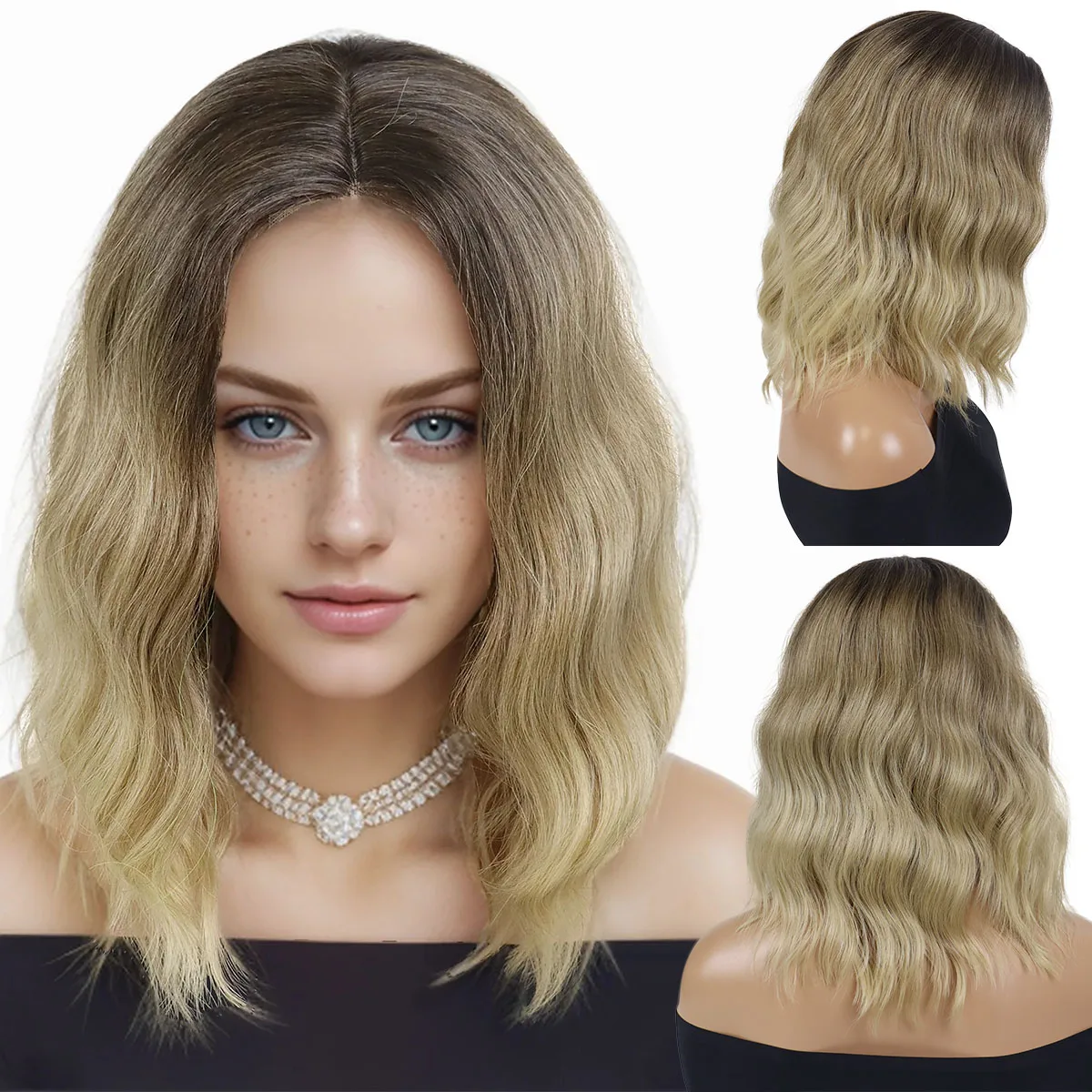 

Synthetic Short Ombre Blonde Wavy Wig for White Women 16 Inch Shoulder Length Middle Part Curly Lace Front Bob Wig Natural Coser