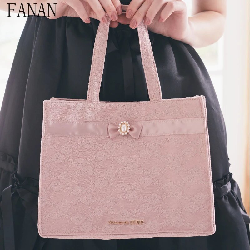 Lace Powder Jacquard Women's Handbags Ribbon Square Tote Bag Japanese Style Ladies Hand Bags Solid Color Top-Handle Bags view 4