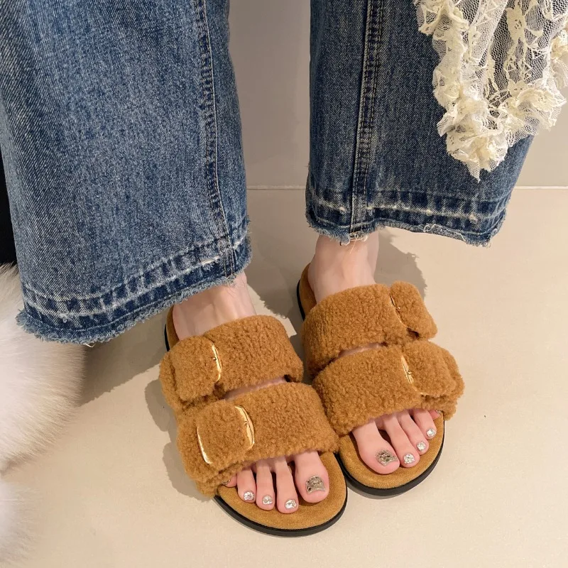 

Fur Women Slippers Buckle Designer Women Shoes Plush Flip Flop Autumn Outside Cotton Shoes Flats Platform Casual Indoor Slides