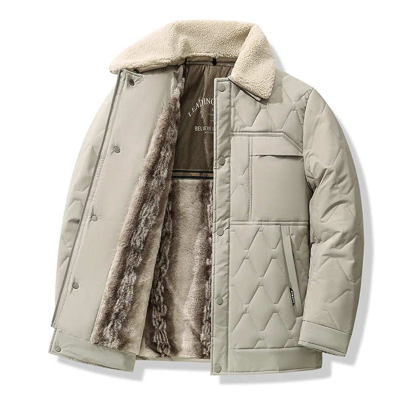 2025 Autumn/Winter New Men's Cotton Jacket with Thick Velvet for Warmth, Detachable Hair Collar, Middle aged Dad's Cotton Jacket