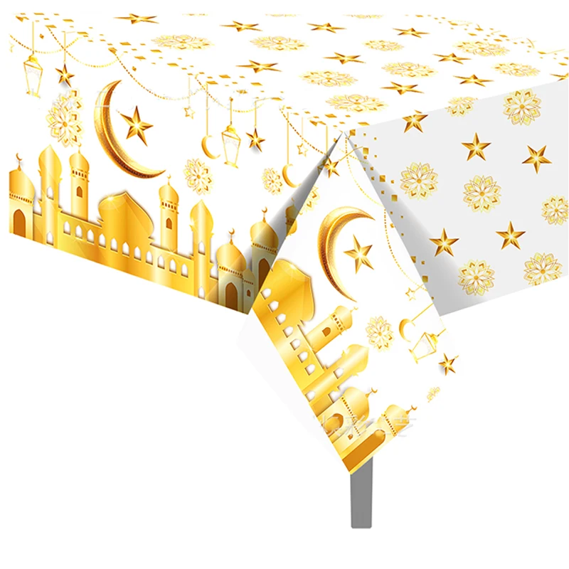 Ramadan Kareem Disposable Tableware Golden moon stars mosque print Paper Plates Cup Tablecloth EID Mubarak Decoration 2024