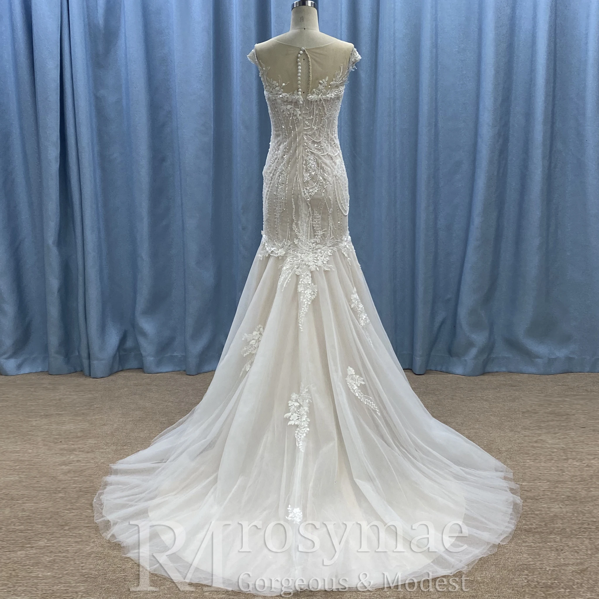Rosymae robe de mariée sirène à col transparent et manches cape pour robe de mariée avec Design élégant dos nu vestidos para mujer
