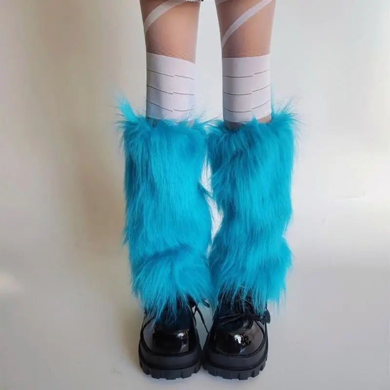 195E Bright Blue Plush Leg Warmers for Costume and Casual Women's Cold Weather Thermal Fuzzy Furry Boot Toppers Gaiters Socks