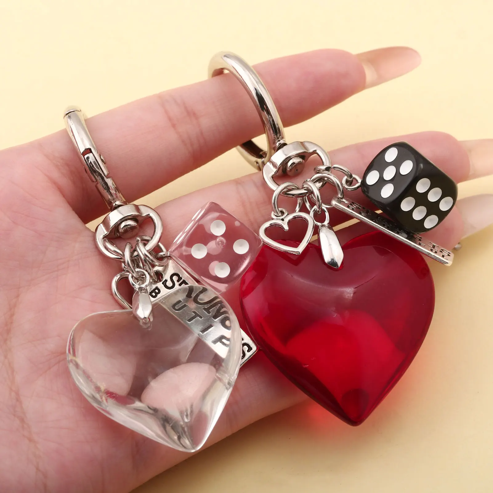 Y2K Red Heart Black And White Dice Keychain Valentine's Day Gift Wallet Bag Charm Car Gothic Cute Key Chain Jewelry Accessories
