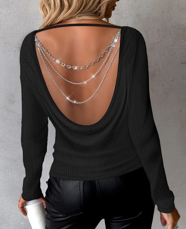 2023 Autumn Spring New Fashion Casual Sexy Blouses Chain Strap Backless Waffle Knit Top Female Clothing T-Shirts Pullover Tops