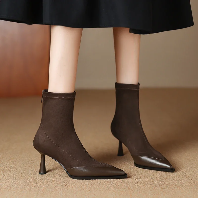 

2026 новые осенне-зимние женские ботильоны 22-24,5 см, короткие ботинки из эластичной ткани с острым носком, узкие ботинки на высоком каблуке с молнией сзади