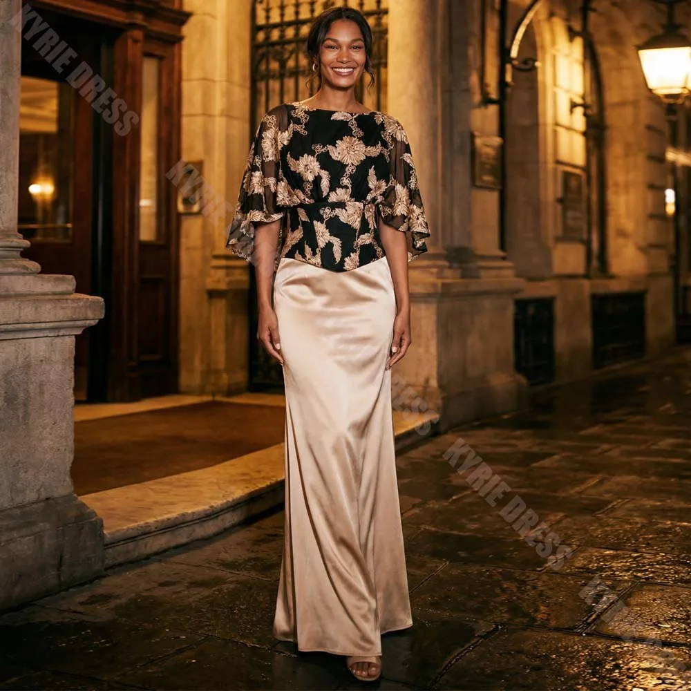 Elegant Mother of The Bride Dress Customzied Floral Print Cape Boat Neck Column for Women's Wedding Guest Gowns Evening Dresses