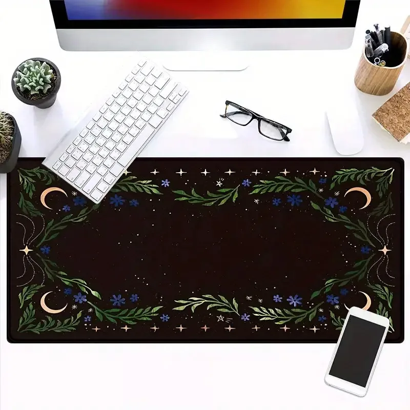Gothic Moon And Stars Mouse Pad Extra Large Mystical Floral Leaf Desk Mat Non-Slip Rubber Gaming Mat