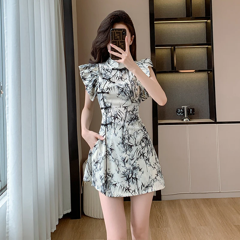 

Summer Vintage Two-piece Set For Women Blouse Tops And Shorts Female Large Size Slim Polyester Loose Ink Bamboo Print Match Suit