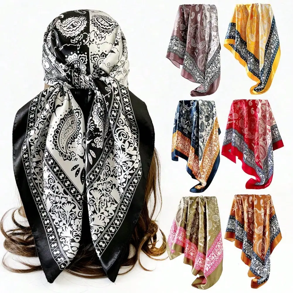 

Women's headscarf 90cm * 90cm silk scarf, classic color matching cashew print silk scarf women, printed square scarf, silk scarf, smooth fabric, headscarf, binding bag, decorative silk scarf and scarf suitable for daily use