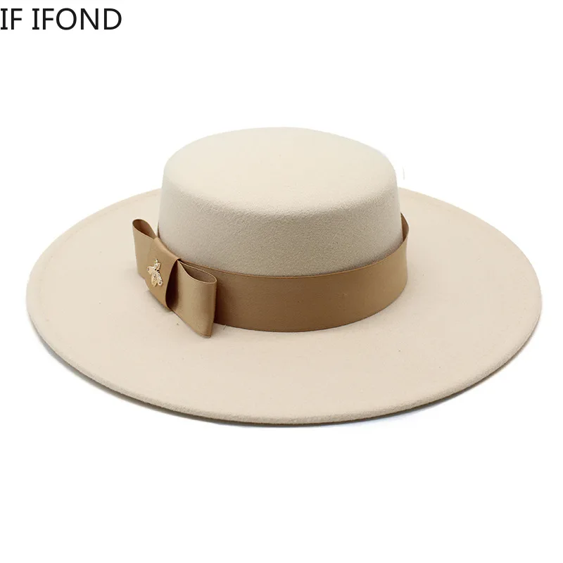 2022 Autumn Winter French Ladies White Bownot Flat Top Fedora Hat 10CM Brim Banquet Elegant Felt Hat Wedding Dress Cap