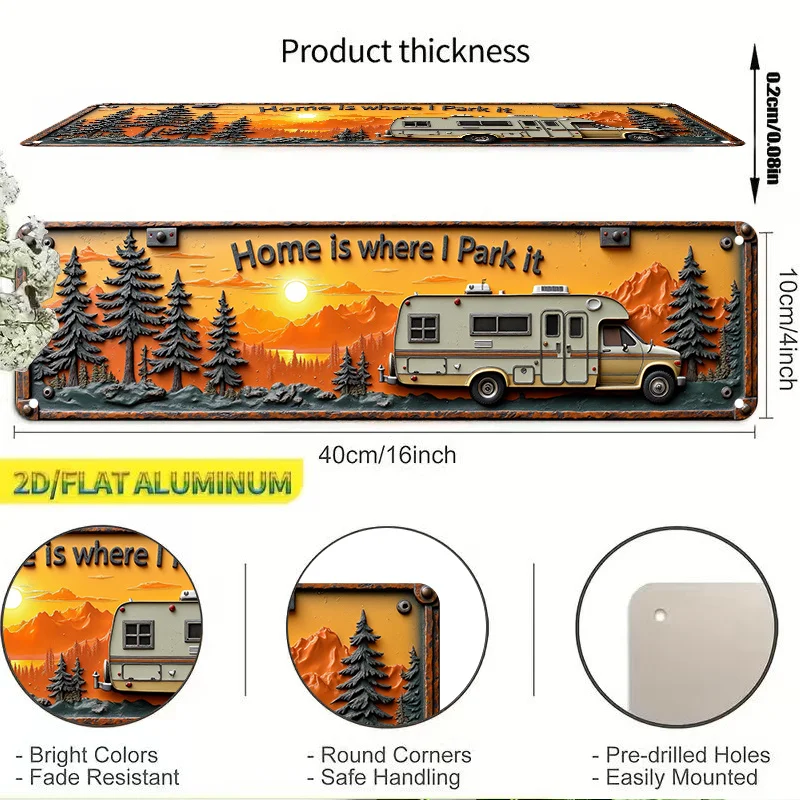 2D Flat Vintage Camper Van Aluminum Sign Pine Tree Sunset Scenic Wall Decor for Travel Lovers