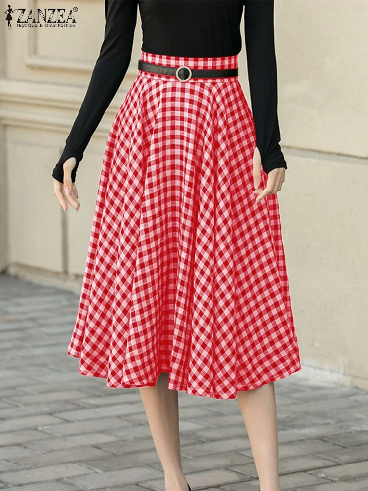 

Women High Waist Skirts 2024 ZANZEA Casual Plaid Printed Faldas Elegant Pocket A-line Jupes Vintage Office Lady Swing Overskirts