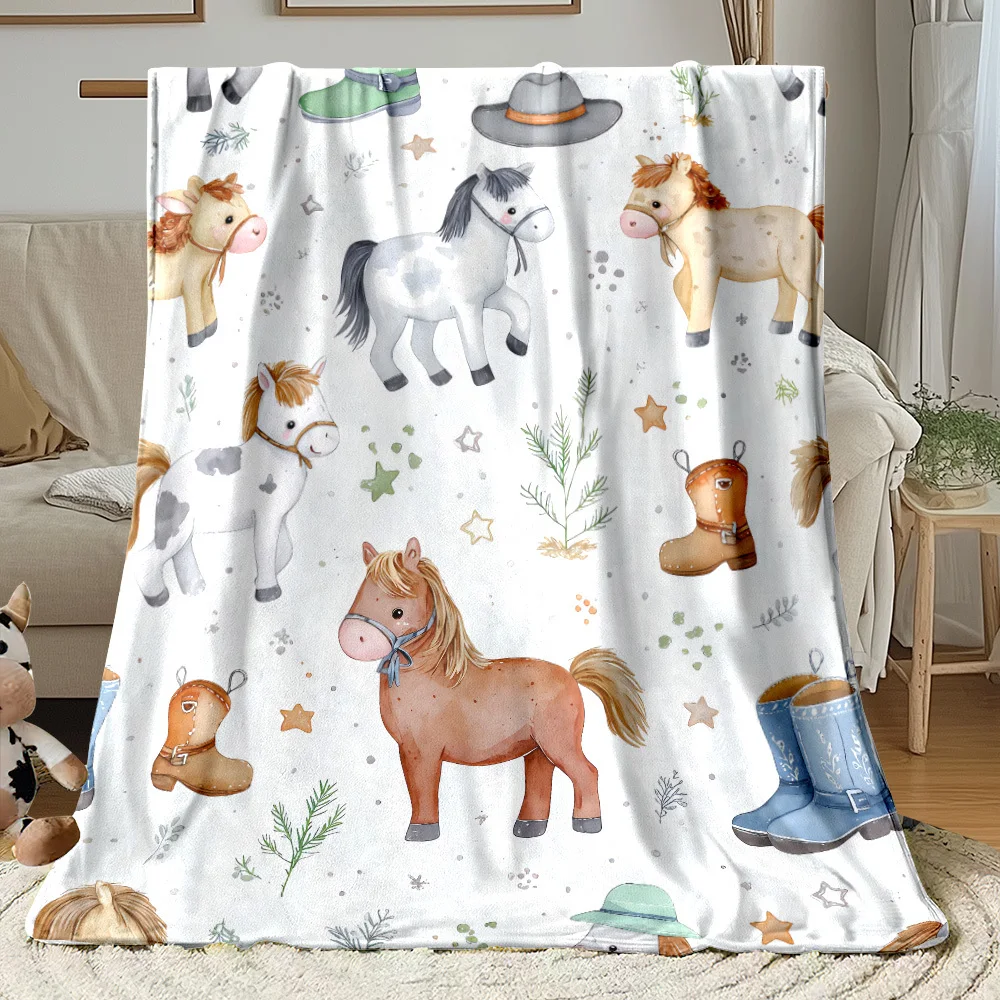 Western Horses Boots Cozy Throw Blanket, Vintage Equestrian Patterned Couch Bed Warm Wrap, All Season Travel Decor Gift