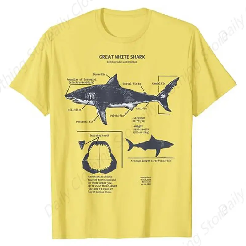 Marine Biologist T-Shirt Nautical, Great White Shark Anatomy, Scientific Illustration, Shark Lover Apparel Fishermen Cotton Tee