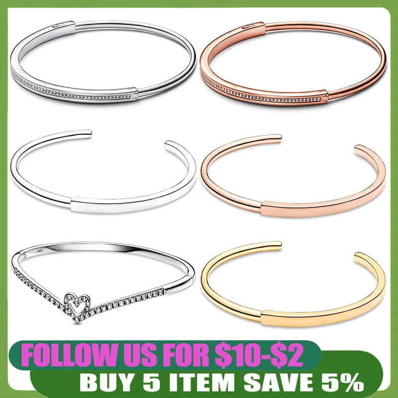 

925 Sterling Silver Bangle Charms Signature I-D Open Bangle Bracelet Clasp Snake Chain Basic Bracelet For Women Diy Jewelry Gift