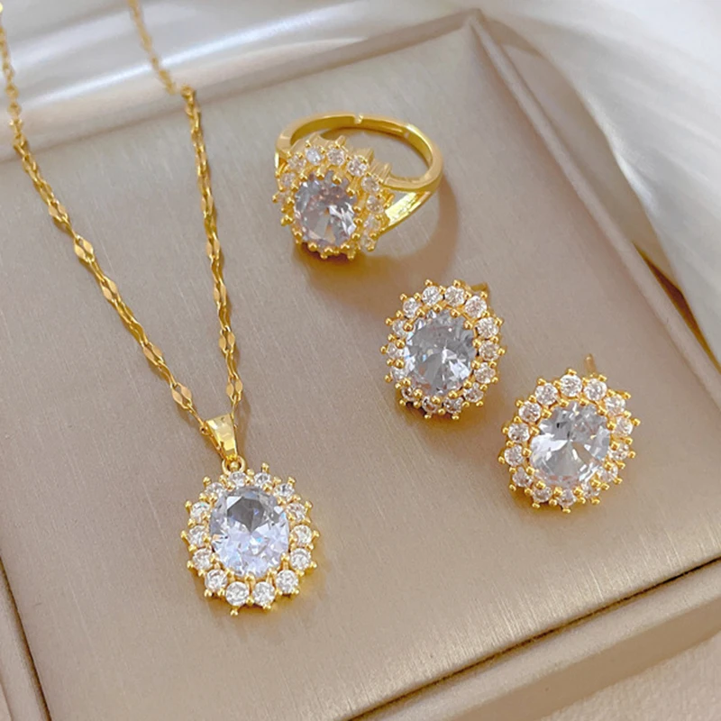 316L Stainless Steel Chian Oval Circular Micro Inlaid Zircon Woman Necklace Bracelet Earrings Jewelry Set