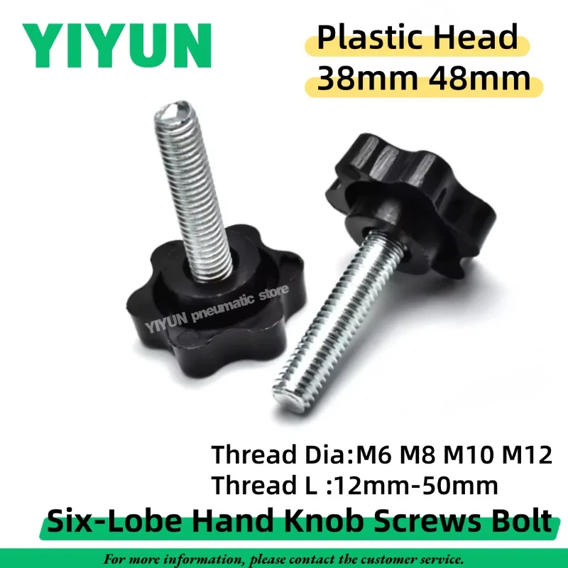 2-10pcs Black Six-Lobe Hand Knob Screw Bolt M6 M8 M10 M12 x 12mm-50mm Length Plastic Head 38mm 48mm Clamping Thumb Screw Handle