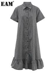 [EAM] Women Black Plaid Ruffles Hem Big Size Midi Shirt Dress New Lapel Short Sleeve Fashion Tide Spring Summer 2024 CPG1502