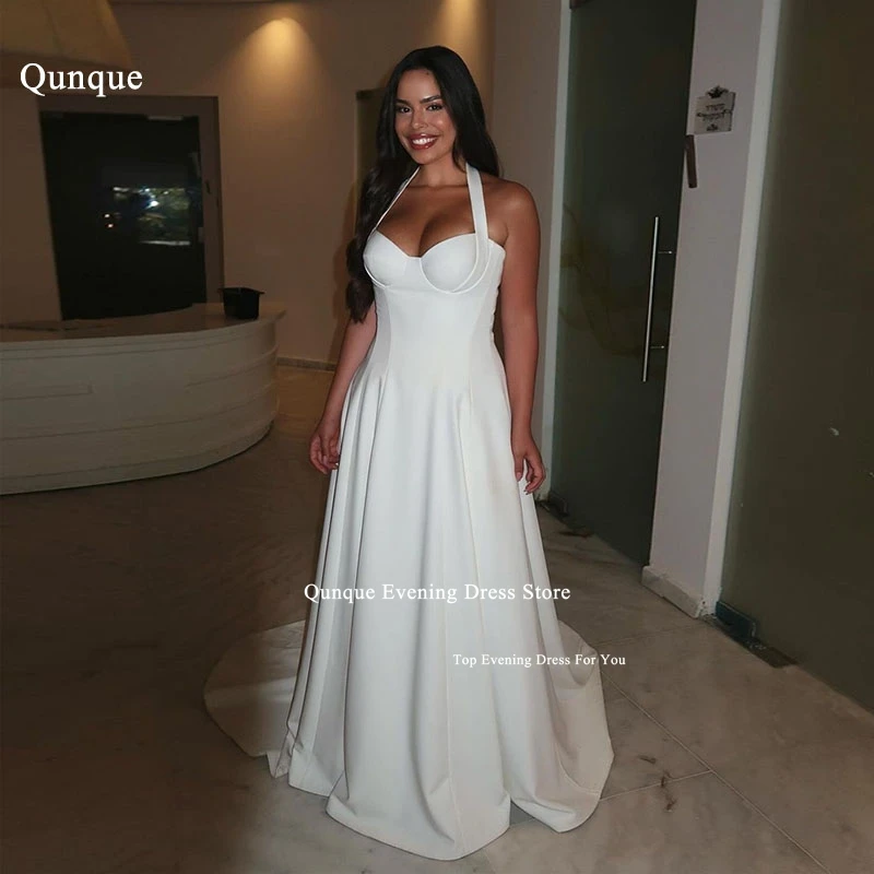 

Qunque Simple Halter Neck A-line Stain Wedding Dresses Elegant Sleeveless Court Train Bridal Gowns White Boho Vestidos De Novia