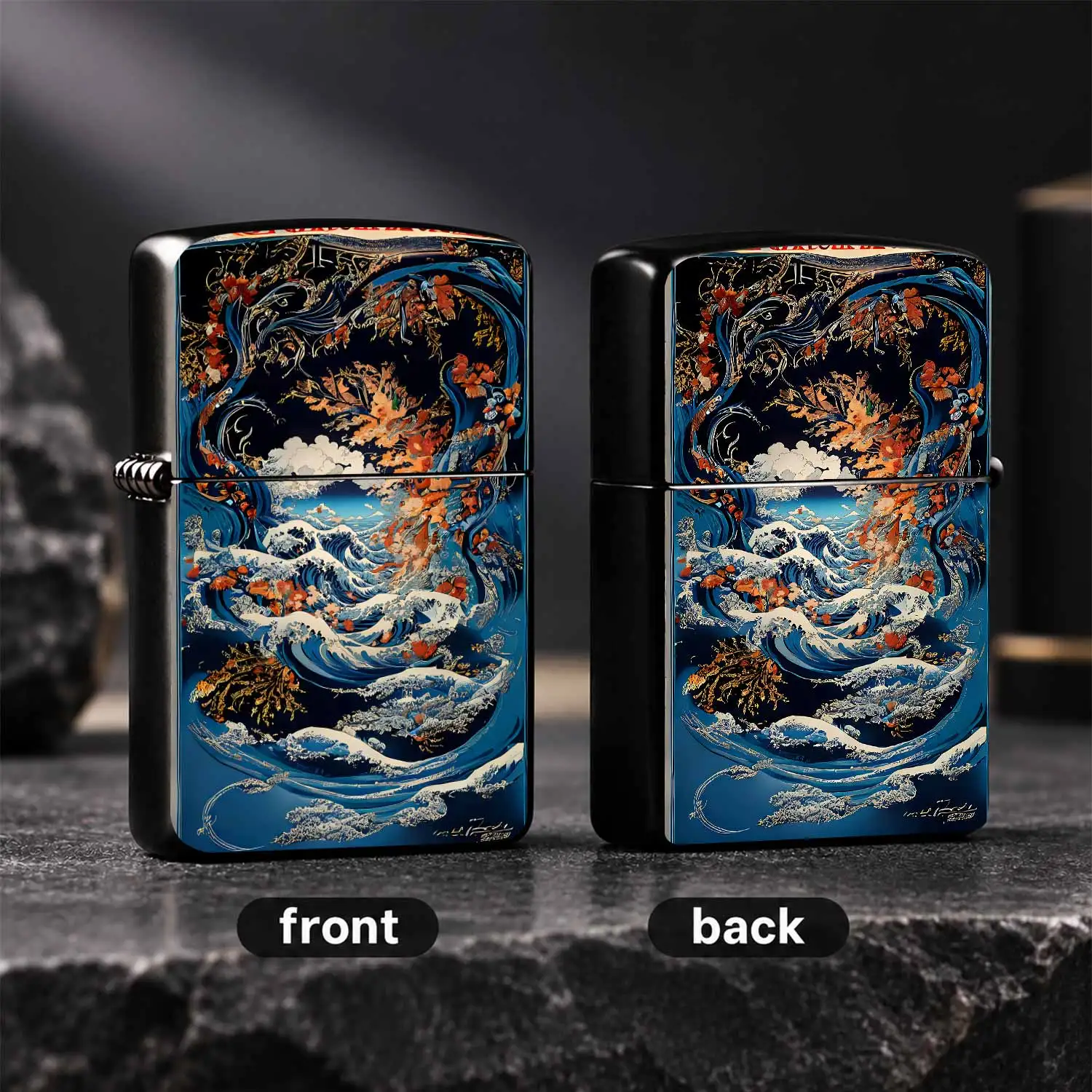 Ukiyo-E The Great Wave Pattern Lighter, Retro Artistic Deep Blue Gilt Red Leaf Decor, Portable All-Scenario Use, Ideal For Daily Carry, Outdoor Trips, Gifting And Personal Collection, Exquisite Creative Versatile Accessory Interesting And H