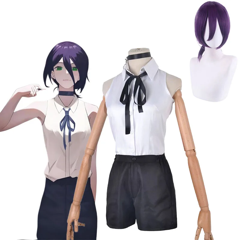 Chainsaw Man Reze Cosplay Costume Full Set - Women's Anime Uniform (Shirt, Tie & Short Wig + Neck Ring), Halloween Party Outfit
