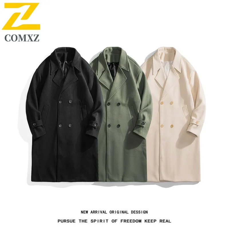 

COMXZ Autumn Winter New Wool Overcoat Men Longline Double Breasted Wool Coat Wool Blend Trench Coat lightweight windbreaker 2025