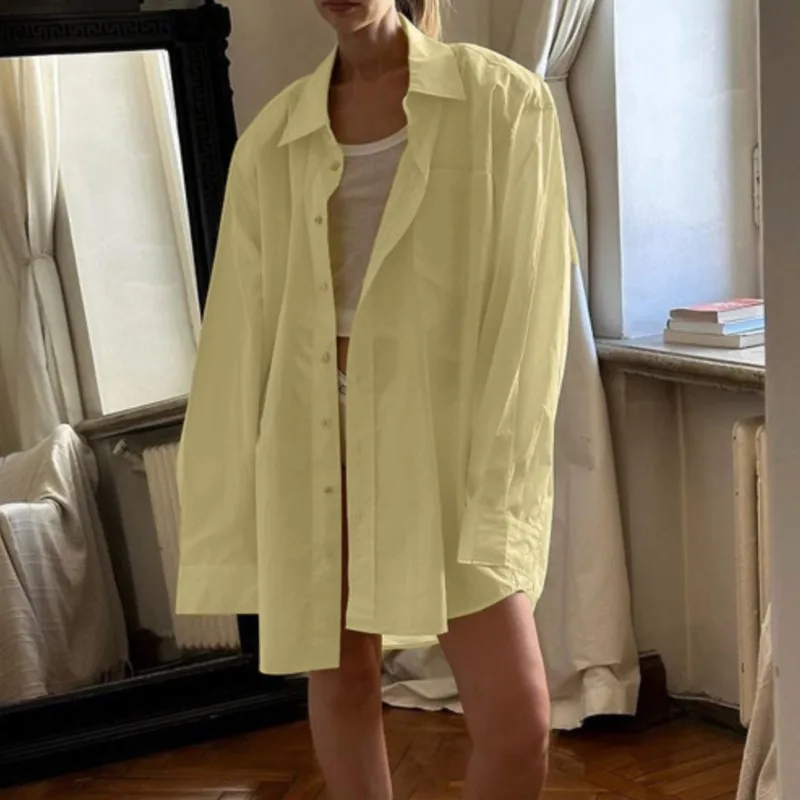 

2026 Spring Fashion Loose Yellow Cotton Women's Blouse Casual Lapel Long Sleeve Shirt Elegant Simple Solid Top Female Clothing