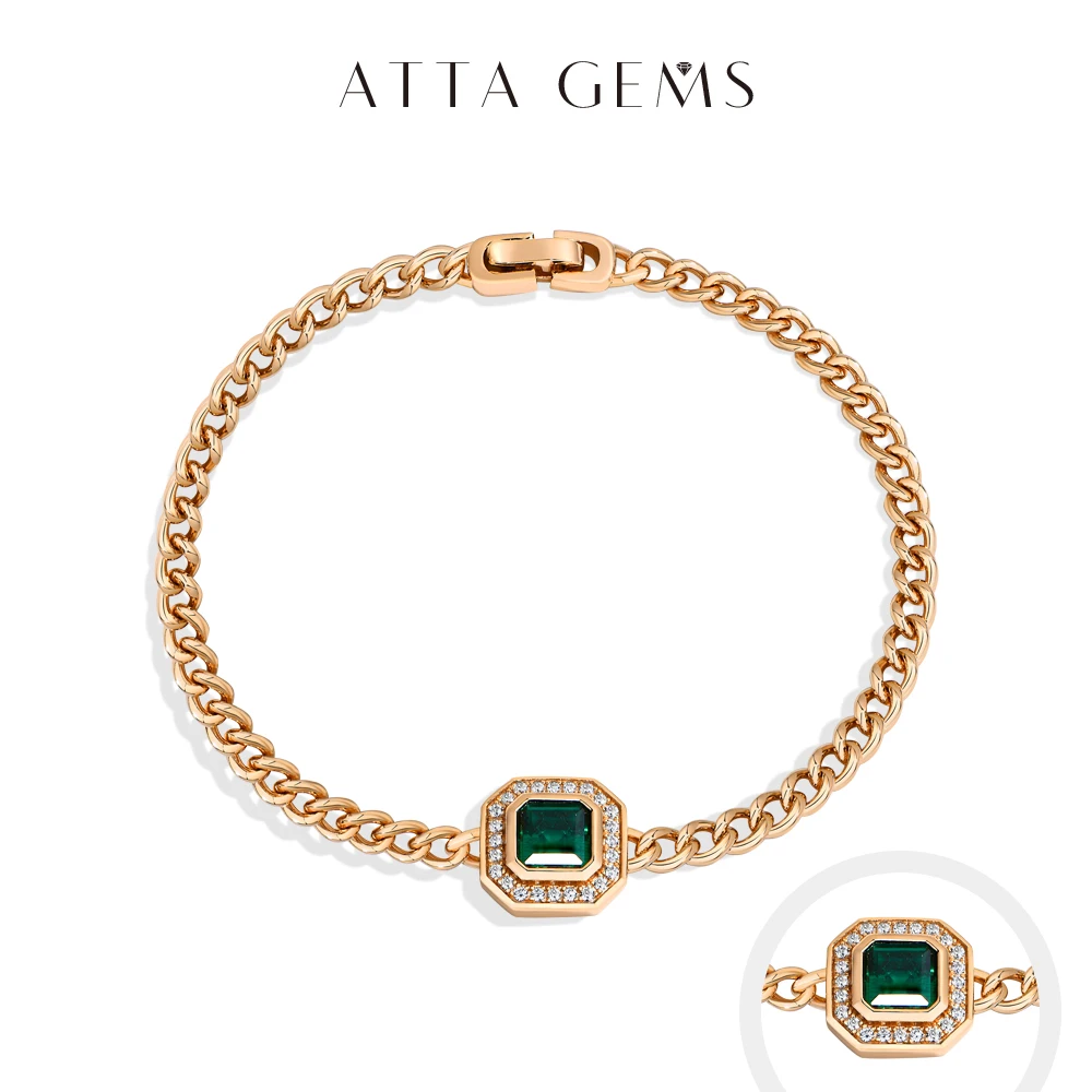 

ATTAGEMS Asscher Cut 6*6mm Laboratory Zambian Emerald Bracelets Hot Sale New S925 Sterling Silver Cuban Chain Engagement Jewelry