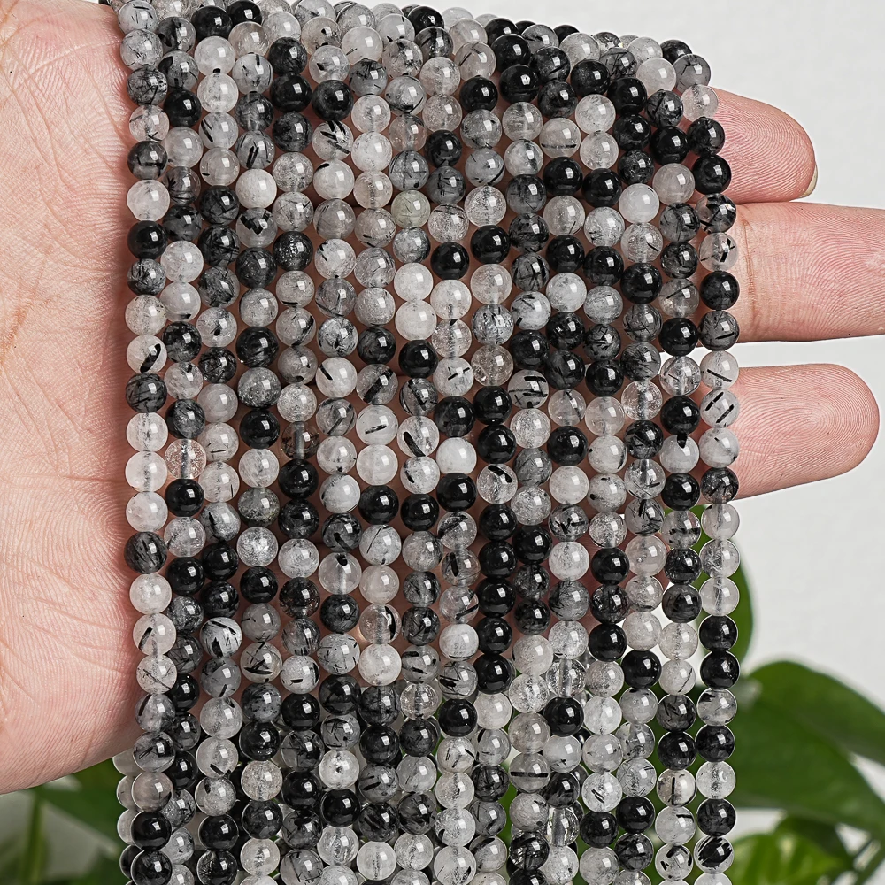 Perles de Quartz Rutilé Noires et Blanches Naturelles, Petites Perles Rondes de 4mm, pour Fabrication de Bijoux, Colliers et Bracelets de la raq