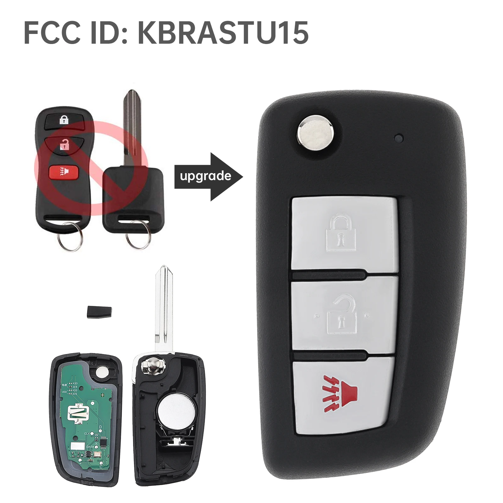Cangkang Kunci Mobil Remote 3 Tombol 315Mhz untuk Nissan Versa Xterra 2005-2014, Casing Kunci Remote yang Ditingkatkan dengan Chip ID46 KBRASTU15
