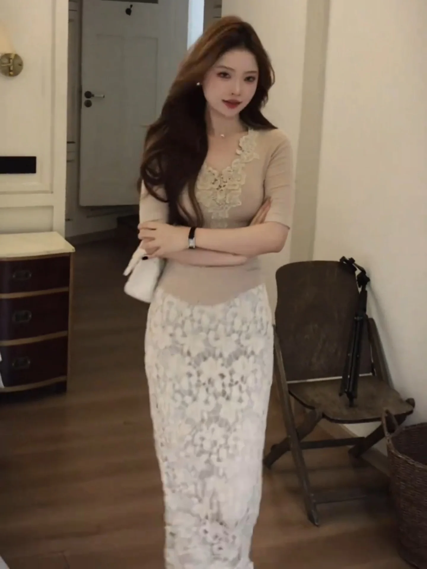 

Hot Girl Lace Trim Bodysuit And Skirt Set Women's Summer Beautiful mid Sleeve Top High Waist Halter Neck Bodysuit Dress