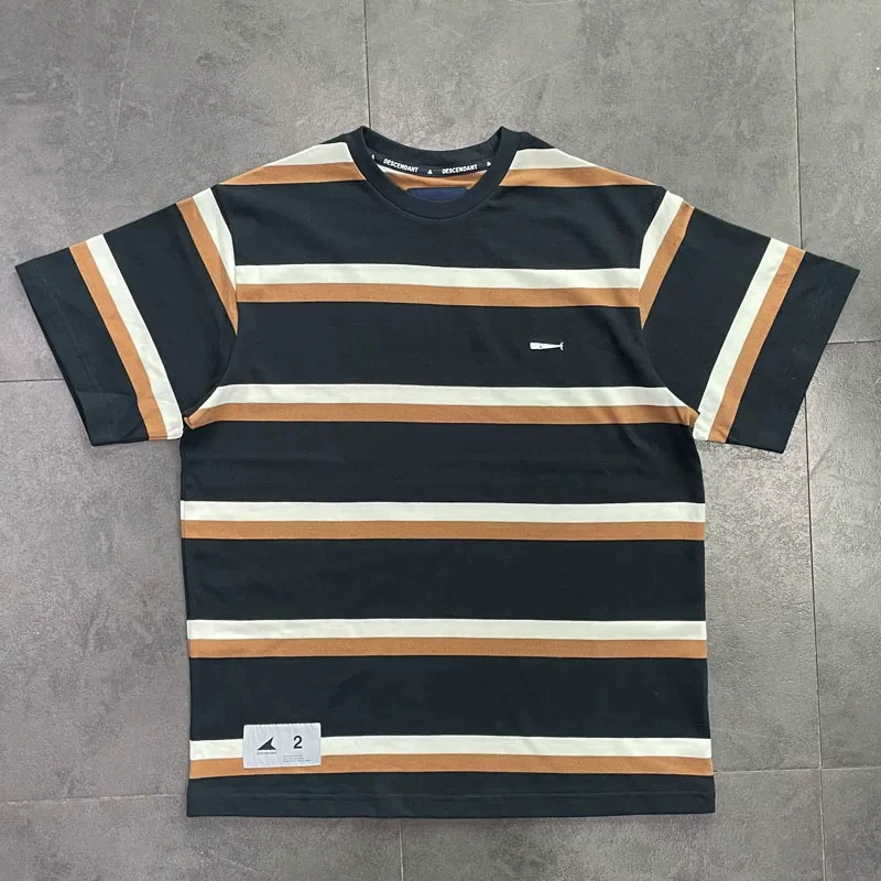 DESCENDANT Men's Striped T-Shirt Whale Embroidered Japanese  Loose Fit Short Sleeve Crew Neck Casual Summer Unisex Couple Tee