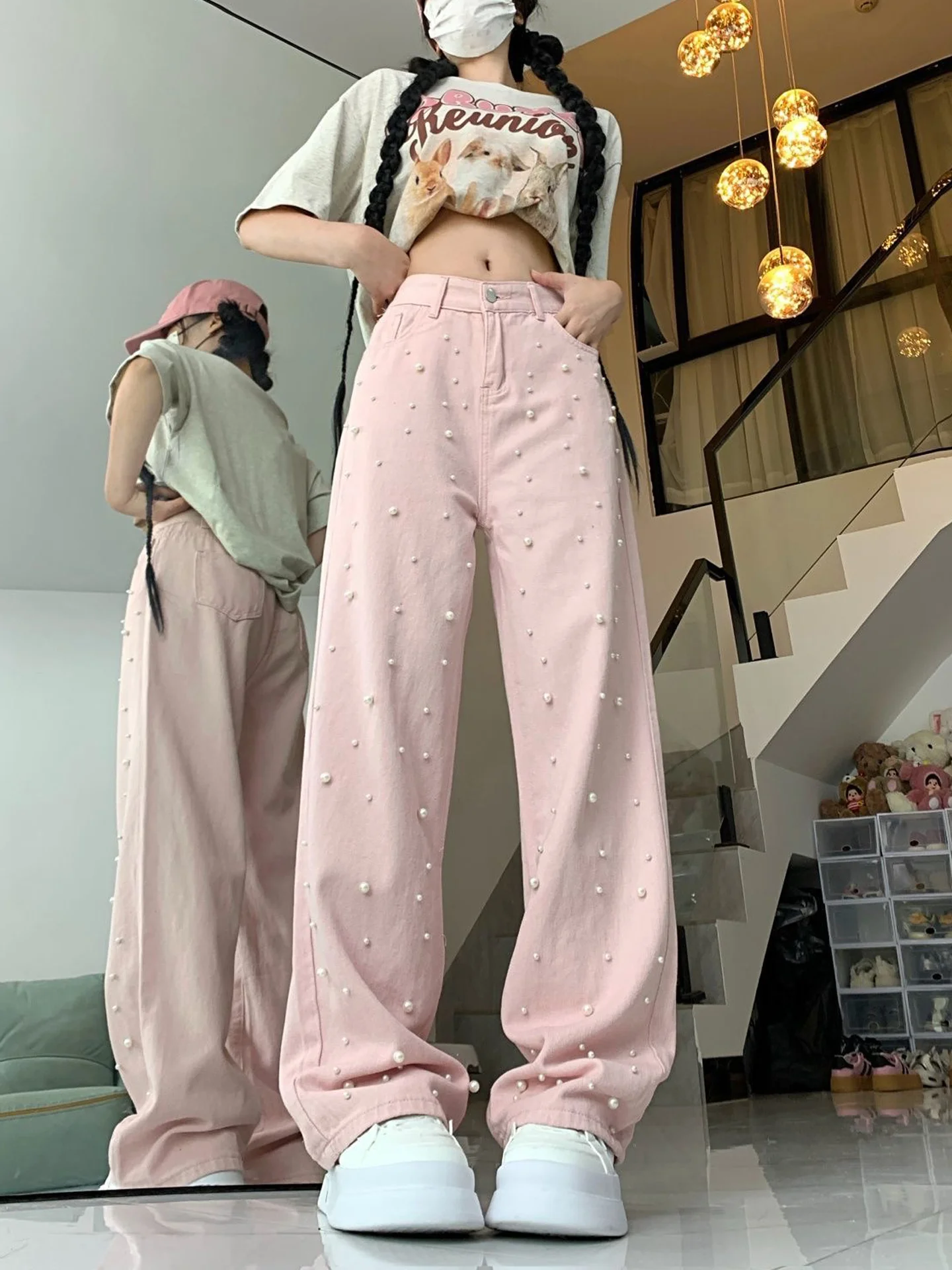 

American Style Pearl Embellished Wide Leg Jeans Women's Loose Fit Summer New Washed Pink Floor-Length Pants Casual Denim