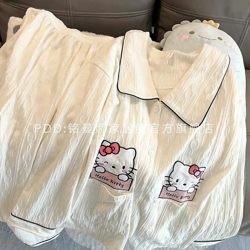 

Hello Kitty new autumn pajamas set pure cotton home clothes lapel cardigan kawaii simple style cute fashion summer clothes