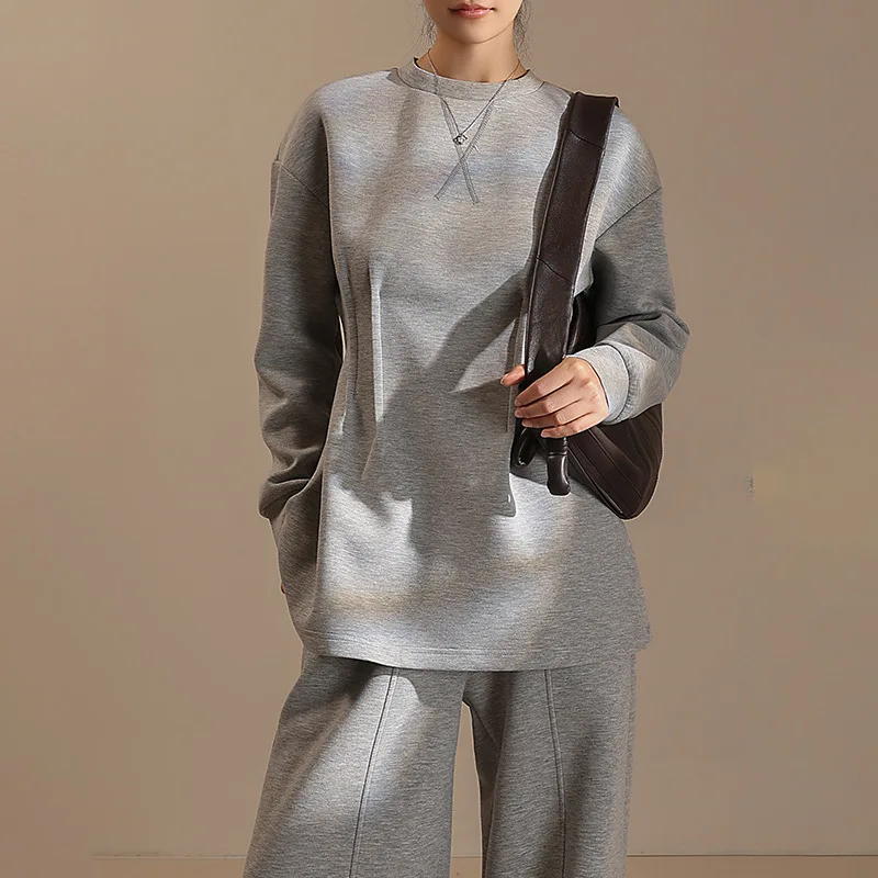 

VTKW 2025 Spring Summer Women’s Lightweight Designer Two-Piece Set Round Neck Long Sleeve Top High-Waisted Pants Casual Elegant