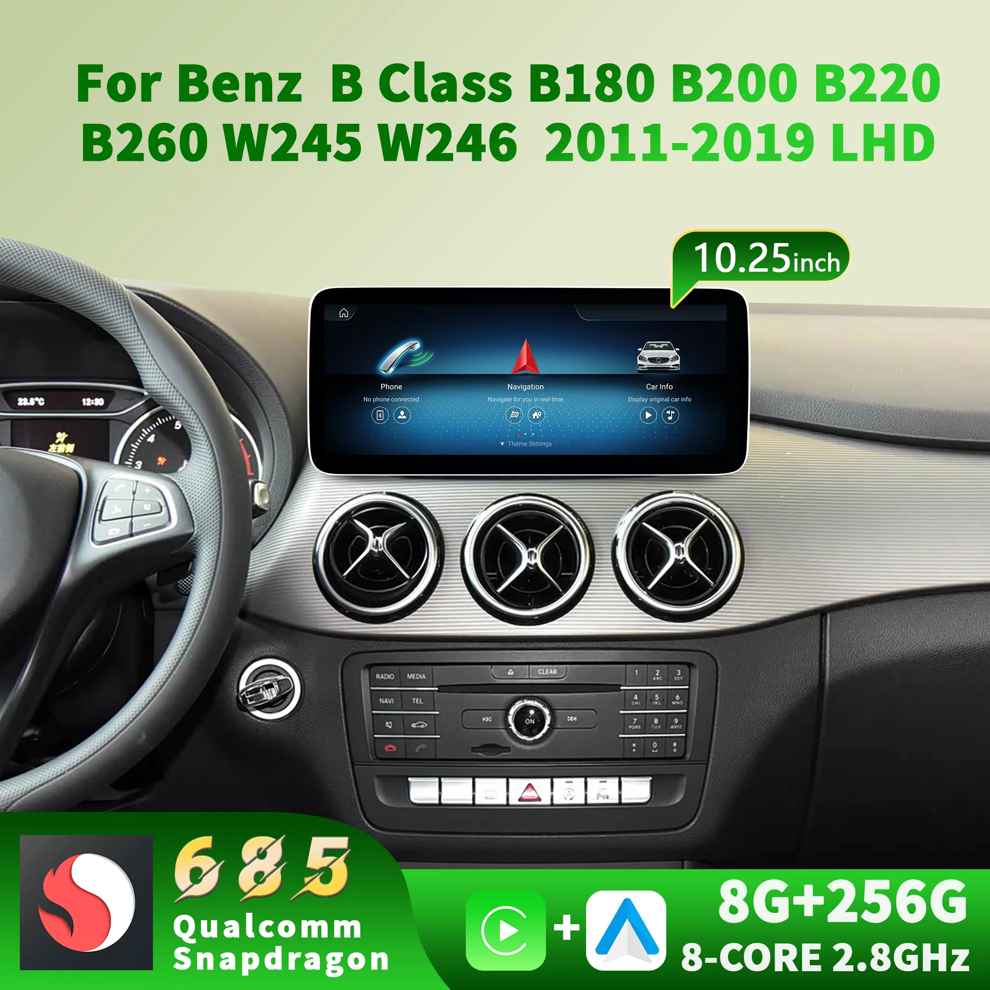 10.25inch Radio Android 14 For Mercedes Benz  B Class B180 B200 B220 B260 W245 W246 2011-2019 Left Hand Drive Snapdragon 685 Car