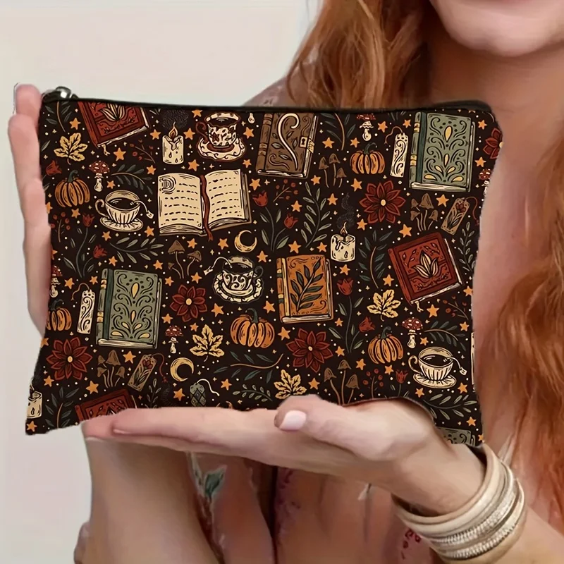 Retro elegante Halloween boek pompoen patroon make-up tas, duurzame niet-vervagende rits tas, lichtgewicht opvouwbare handtas