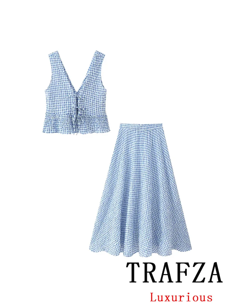 

TRAFZA Casual Blue Plaid Women Suit V-Neck Lace-up Folds Vest Loose Long Draped Loose Skirt New Fashion 2025 Summer Holiday Sets