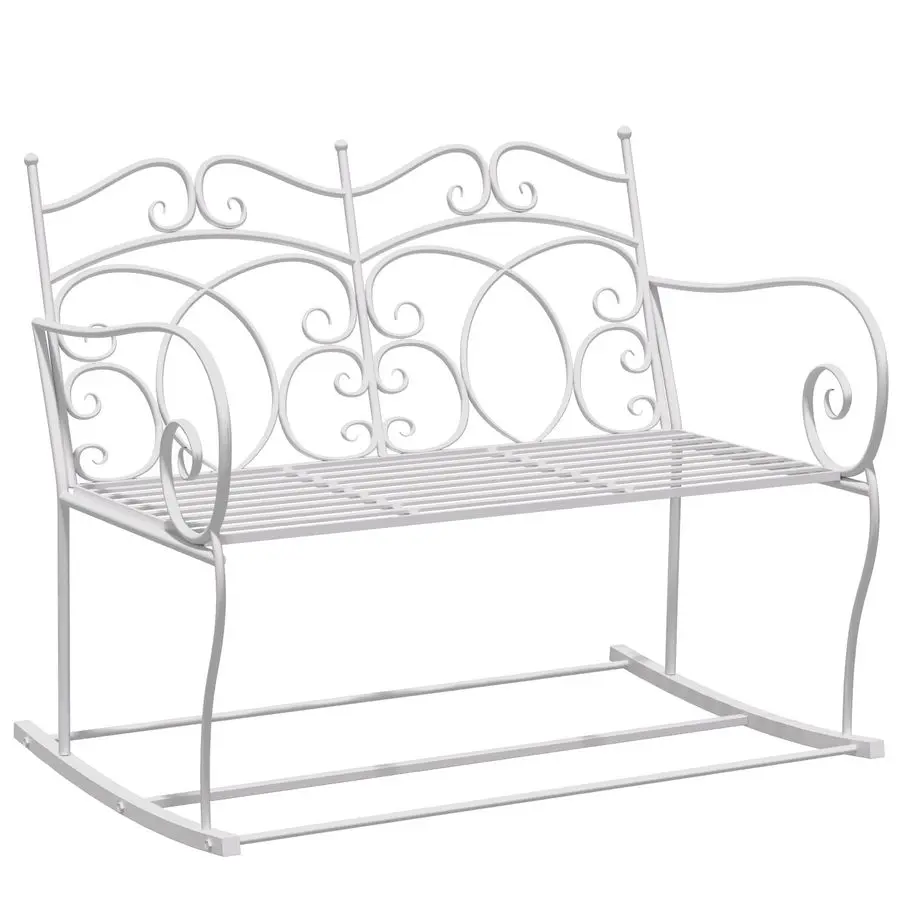 Patio 2 Seater Rocking Bench Steel Garden Outdoor Garden Loveseat Chair w Decorative Backrest White