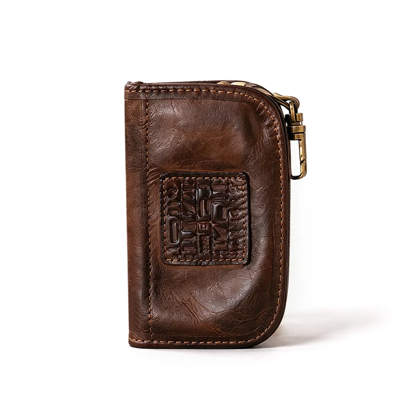 Genuine Leather Key Case, Embossed Top Grain Cowhide Vintage Car Key Holder, Multifunctional Coin Purse With Hanging Strap