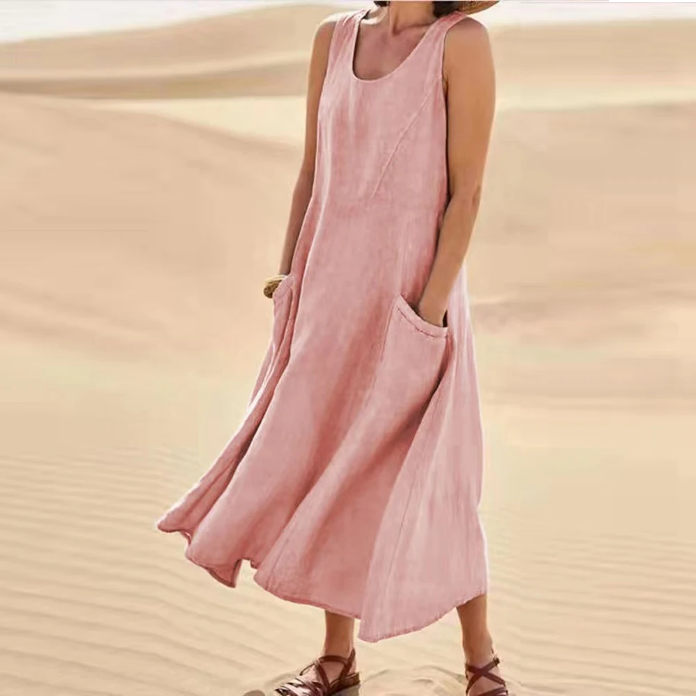 Abito senza maniche in lino di cotone per donna Gonna pullover estiva Abiti Moda femminile Abbigliamento Abito lungo ampio a maniche corte