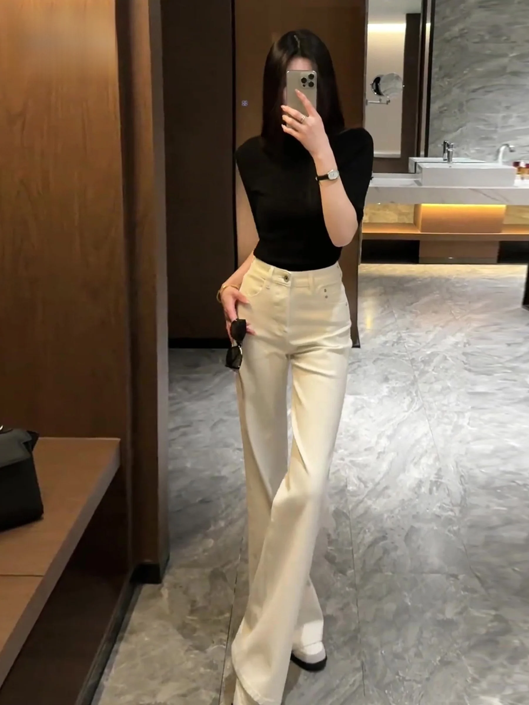 

Женские джинсы с низкой талией, светло-голубые, в американском стиле, с высокой посадкой, свободные расклешенные брюки, повседневные, весна-лето, модные