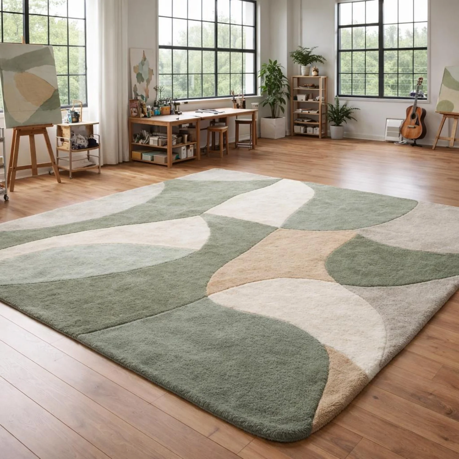 Room Decor Rug  H1andmade Sage Green Abstract Rug Organic Geometric Wool Area Rug Modern Scandi Boho DE1cor  Sage, Cream  Beige Wave Carpet for Living Room