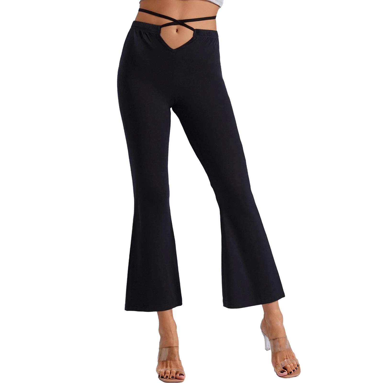 สตรี Belly Dance กางเกงเอวยางยืด Criss-Cross สายรัด High Side Slit Flared Dance กางเกงสําหรับโยคะเต้นรําการฝึกอบรม