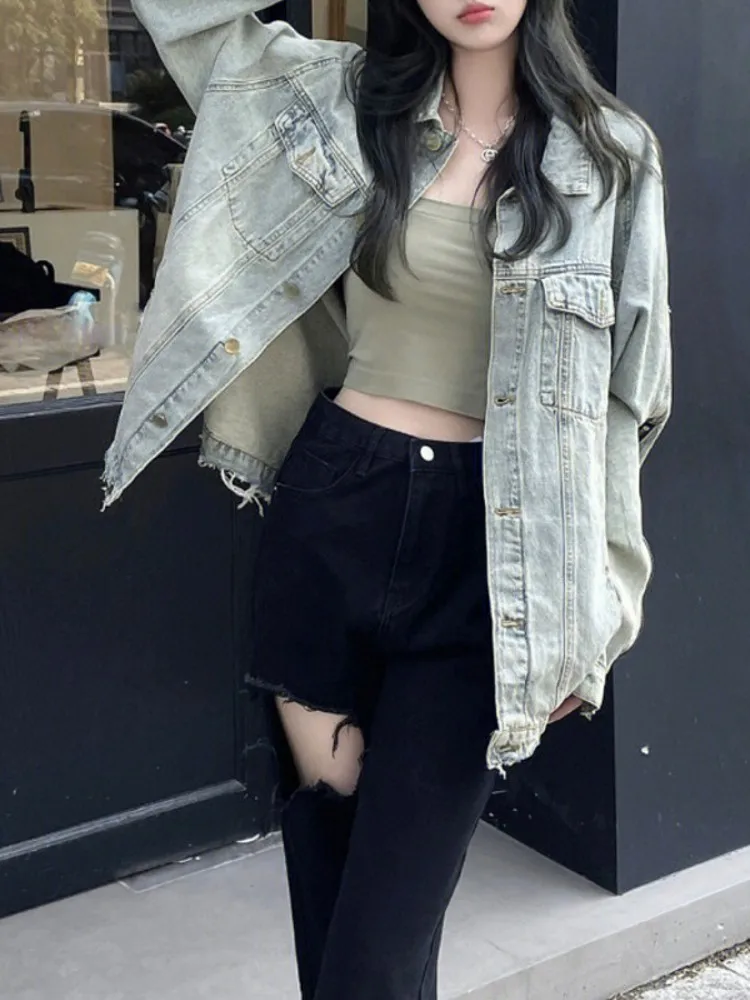 แจ็คเก็ตยีนส์สไตล์อเมริกันย้อนยุคสำหรับผู้หญิง ดีไซน์หลวม ใส่ได้ทั้งฤดูใบไม้ผลิและฤดูใบไม้ร่วง มีซิปอเนกประสงค์ แจ็คเก็ตทันสมัย ปกเสื้อแบบยาว สีพื้น