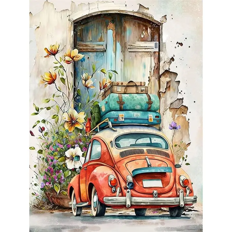 Red VW Beetle car loaded with luggage paint by numbers kit