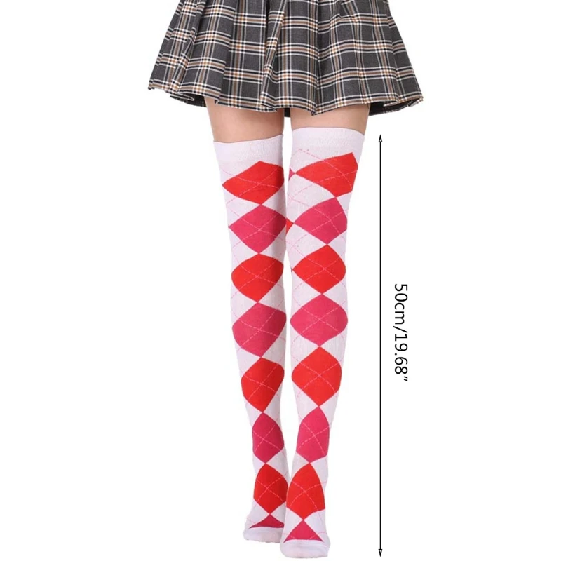 Women Student Thigh High Socks Vintage Colorful Argyle Plaid Over Knee Stockings