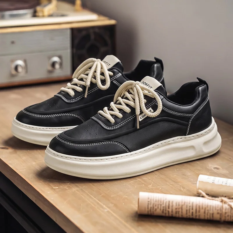 Men Sneakers Spring Summer Casual Board Shoes Smooth Texture Thick Sole Lace Up Minimalist Daily Footwear