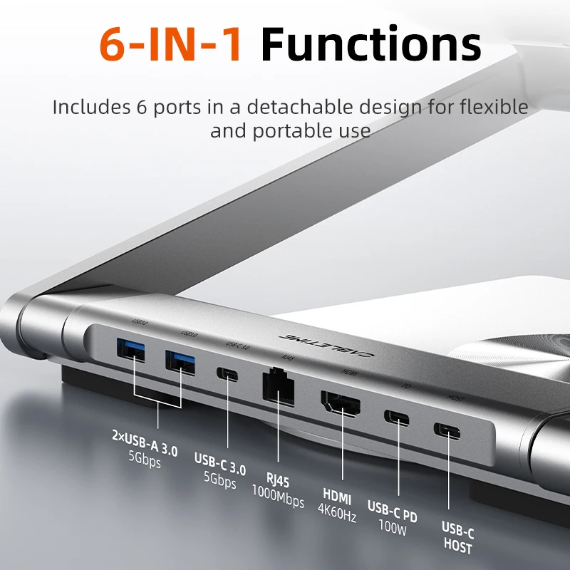 حامل لرسو السفن للكمبيوتر المحمول CABLETIME 6 في 1 USB C Hub 360 °   دوران 4K60 هرتز RJ45 PD 100W HDMI Port لأجهزة الكمبيوتر المحمول MacBook Pro Dell HP